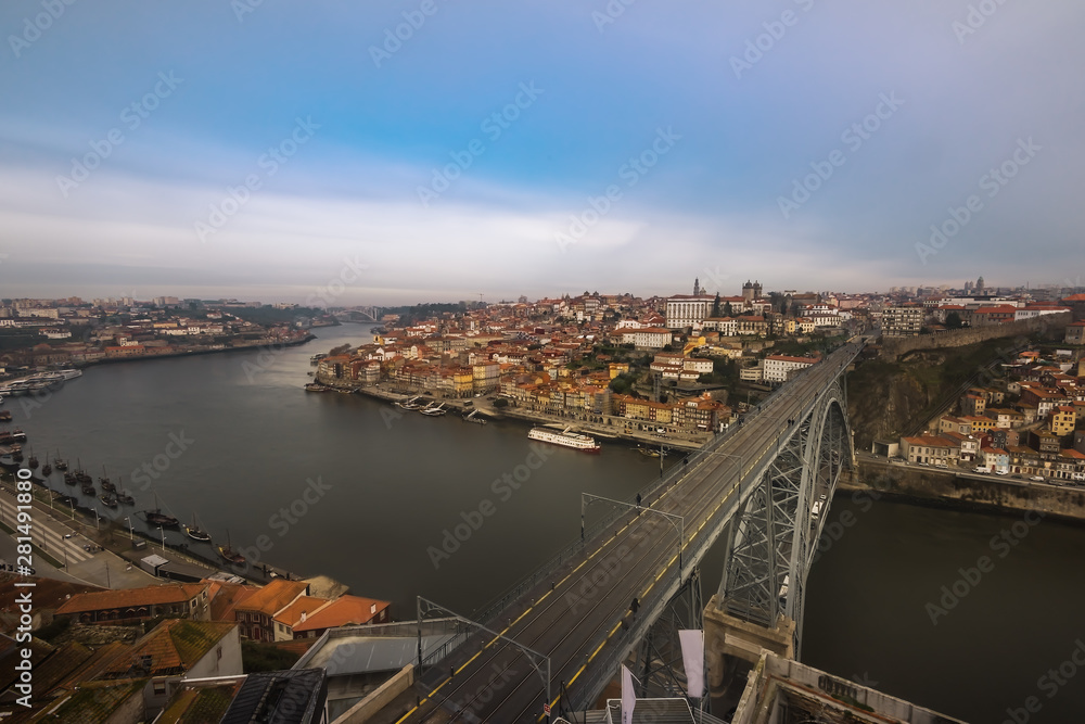 Aerial view of Dom Luis Bridge at the morning, Porto, Portugal