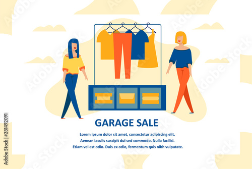 Clothes Garage Sale Flat Banner with Female Meet