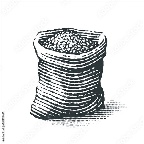 Malt in burlap bag. Hand drawn engraving style illustrations.