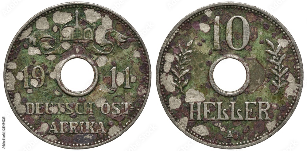 German East Africa Tanzania Tanzanian coin 10 ten heller 1911, central hole divides date, crown with ribbon above, denomination and two laurel sprigs, beautiful multicolored corrosion, 
