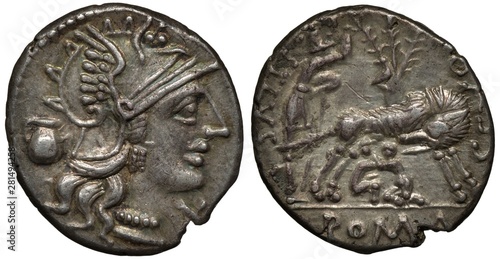 Roman Republic silver coin denarius 137 BC, coinage of Sextus Pompeius Fostlus, helmeted head of Roma right, she-wolf suckling twins Romulus and Remus, figure of god of river Tiberinus (?) at left, photo
