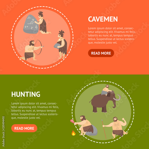 Cartoon Characters Caveman Cute People Banner Horizontal Set. Vector