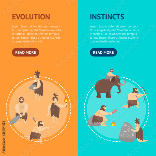 Cartoon Characters Caveman Cute People Banner Vecrtical Set. Vector