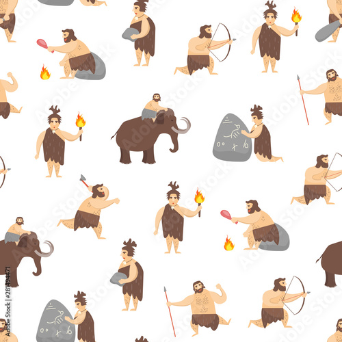 Cartoon Characters Caveman Cute People Seamless Pattern Background. Vector