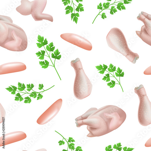 Realistic Detailed 3d Fresh Chicken Parts Seamless Pattern Background. Vector