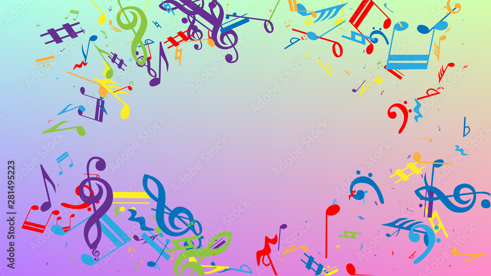 Fototapeta premium Disco Background. Colorful Musical Notes Symbol Falling on Hologram Background. Many Random Falling Notes, Bass and, G Clef. Disco Vector Template with Musical Symbols.