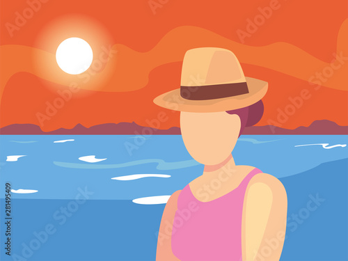 beautiful woman with swimsuit and hat summer time © djvstock