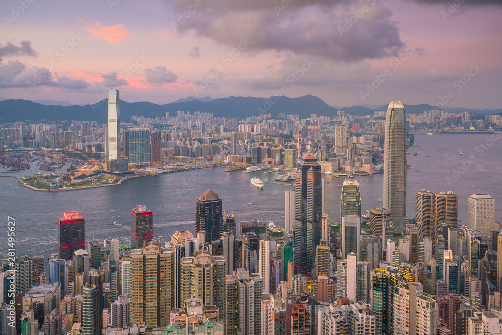 Panoramic view of Victoria Harbor and Hong Kong skyline