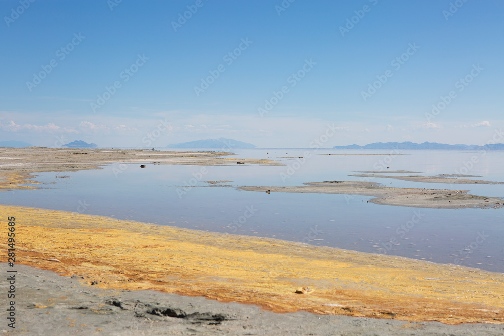 salt lake pink water mineral mud organic nature yellow sand blue sky pinky spiral jelly