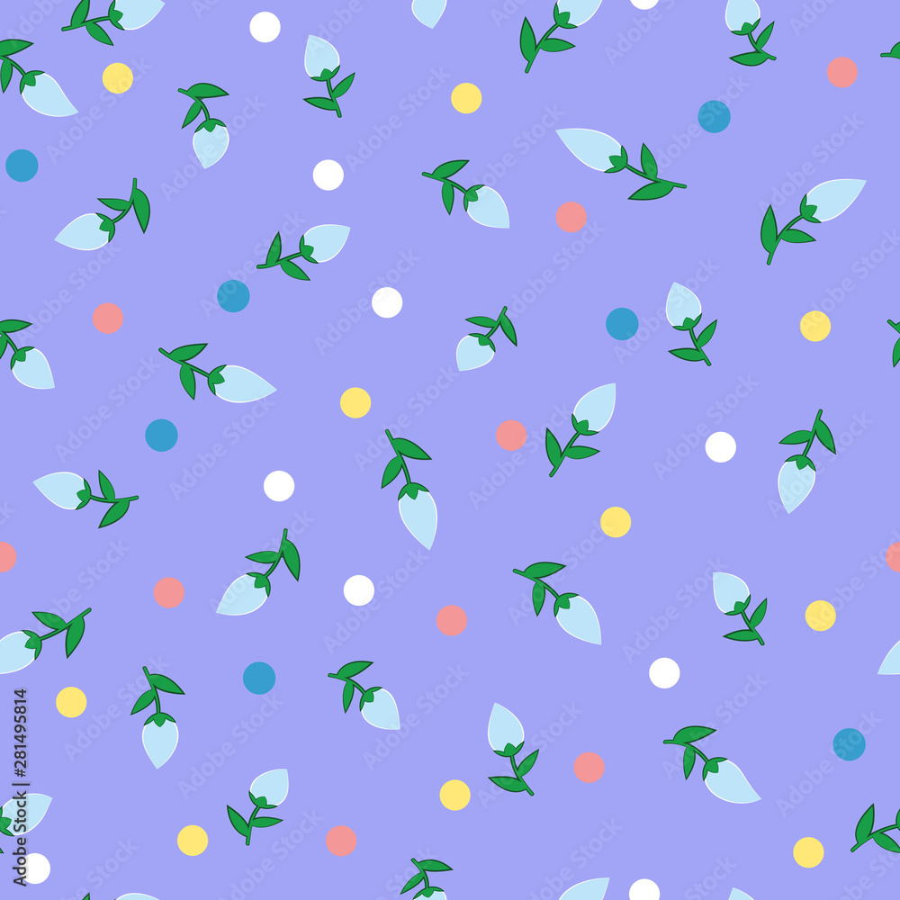 Fototapeta premium Floral seamless pattern of light blue buds, color dots, on a lilac background.