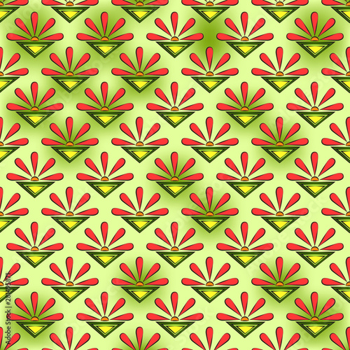 Seamless abstract pattern of coral suns, flowers, and color triangles, on a yellow-green spotted background.