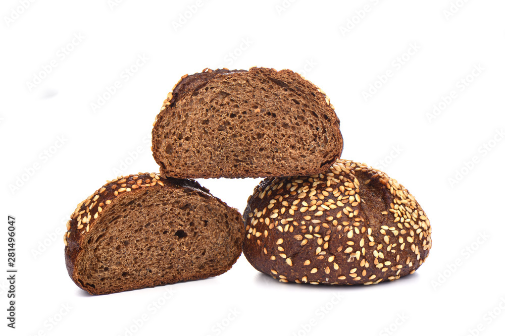 Malted bread with sesame isolated on white background. Sliced bread. Malted bread with sesame isolated on white background. Sliced bread.