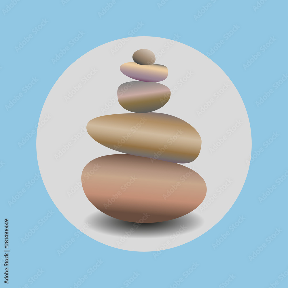 Zen stone balance, realistic image in round blue frame. 3D image of stones. Vector illustration for spa salons, yoga studios, relaxation studios. Zen stone balance, realistic image in round blue frame. 3D image of stones. Vector illustration for spa salons, yoga studios, relaxation studios.