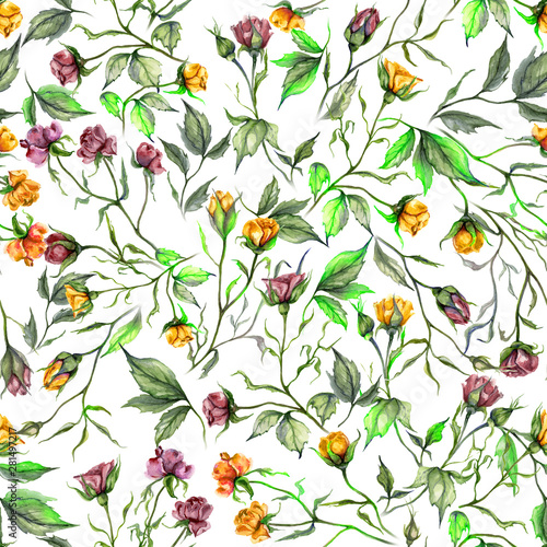 Beautiful pink, yellow roses and green leaves on white background. Seamless floral pattern. Watercolor painting. Hand drawn and painted illustration.