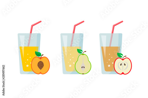 glass cup with juice, straw and fruit. half peach, apple, pear in cut. Fruit summer set. healthy lifestyle, healthy food, vegetarianism