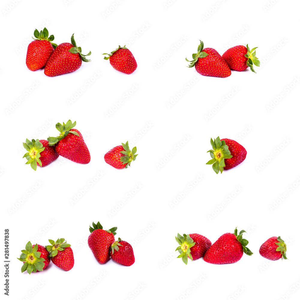 Strawberries on a white background. Group of red strawberries on a white background. Fresh and juicy strawberries on an isolated background. Strawberries on a white background. Group of red strawberries on a white background. Fresh and juicy strawberries on an isolated background.