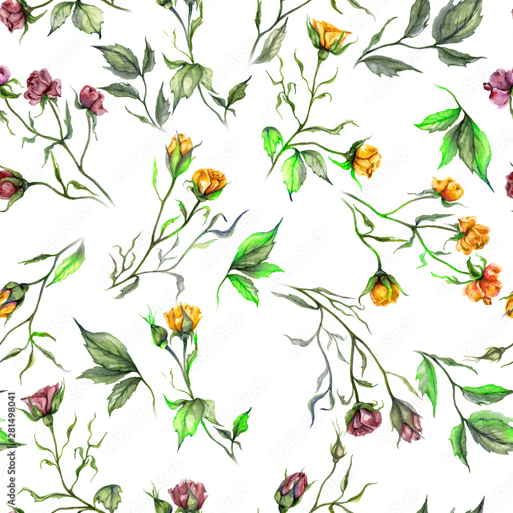 Beautiful pink, yellow roses and green leaves on white background. Seamless floral pattern. Watercolor painting. Hand drawn and painted illustration.