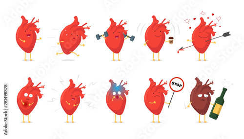 Sad sick unhealthy cry and healthy strong happy smiling cute heart character set. Medical human circulatory organ funny cartoon collection. Vector illustration