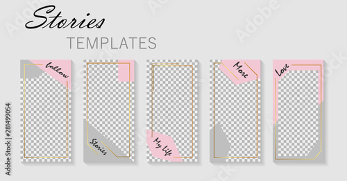 Set of social story template with grid.Design layout backgrounds for social media.Layout, cover for promotion, blog. Mockup of social post with gold frame.vector