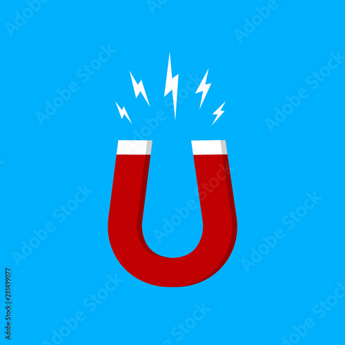 Red magnet icon. Horseshoe magnet in flat style.Shape of magnet with magnetic power symbol. vector