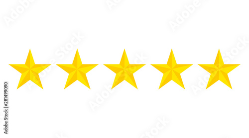 Five star rating icon.Evaluation hotel of 5 gold stars. Flat yellow stars on isolated background. vector