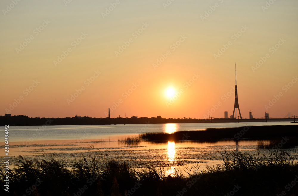 Sunset, the river, summer, evening.Natural landscape of Belarus, Russia and Baltic.