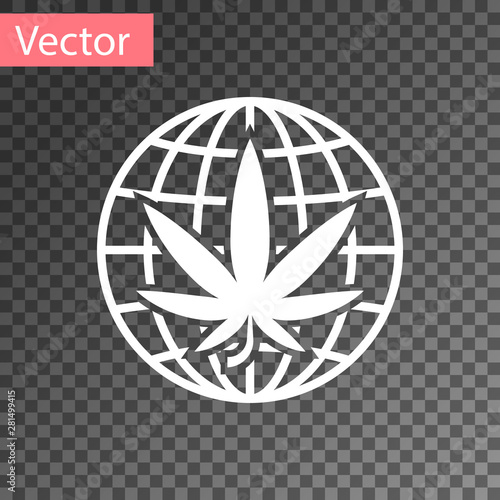 White Legalize marijuana or cannabis globe symbol icon isolated on transparent background. Hemp symbol. Vector Illustration