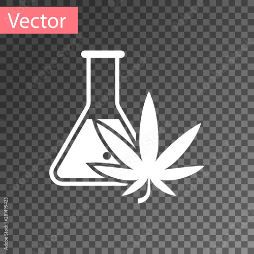 White Chemical test tube with marijuana or cannabis leaf icon isolated on transparent background. Research concept. Laboratory CBD oil concept. Vector Illustration
