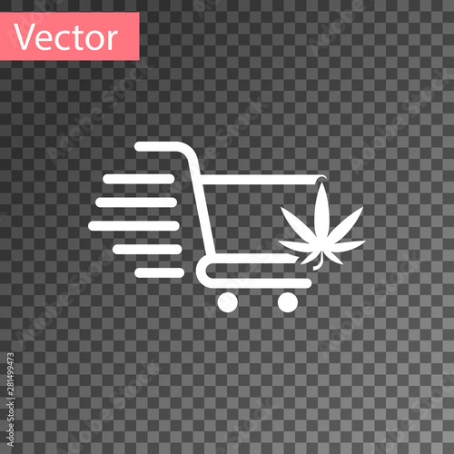 White Shopping cart with marijuana or cannabis leaf icon isolated on transparent background. Online buying. Delivery service. Supermarket basket. Vector Illustration