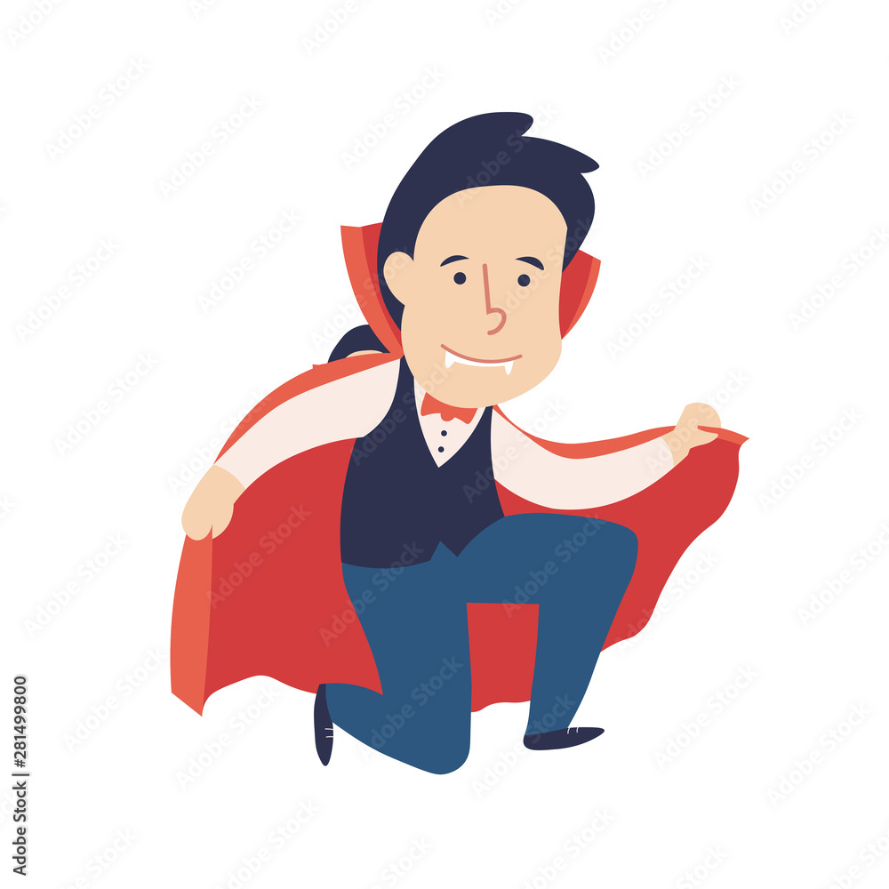 A cute Halloween costume. A boy in a vampire costume, draculas. His costume consists of a pale grimma, a stylish hairstyle, a red vampire robe A cute Halloween costume. A boy in a vampire costume, draculas. His costume consists of a pale grimma, a stylish hairstyle, a red vampire robe