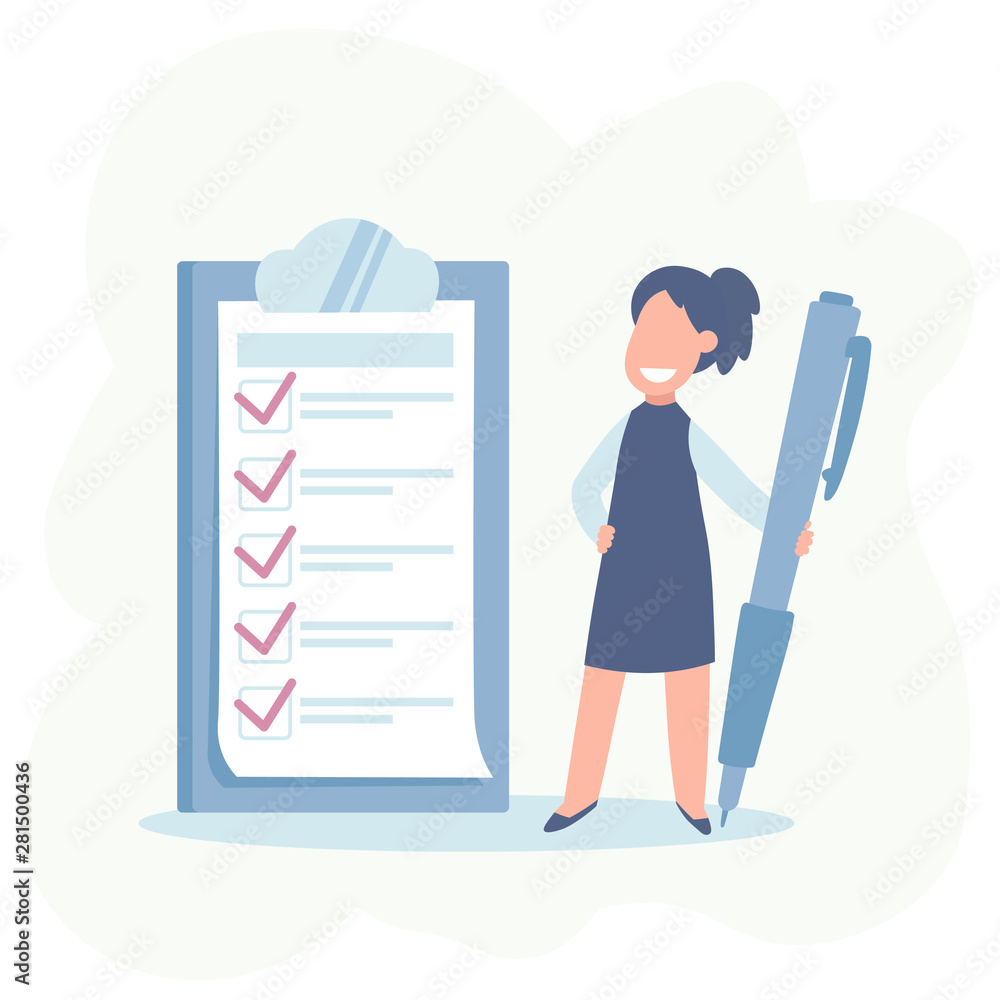 Happy businesswoman holding a pencil looking at completed checklist on clipboard. Business concept. vector illestration isolated on white Happy businesswoman holding a pencil looking at completed checklist on clipboard. Business concept. vector illestration isolated on white