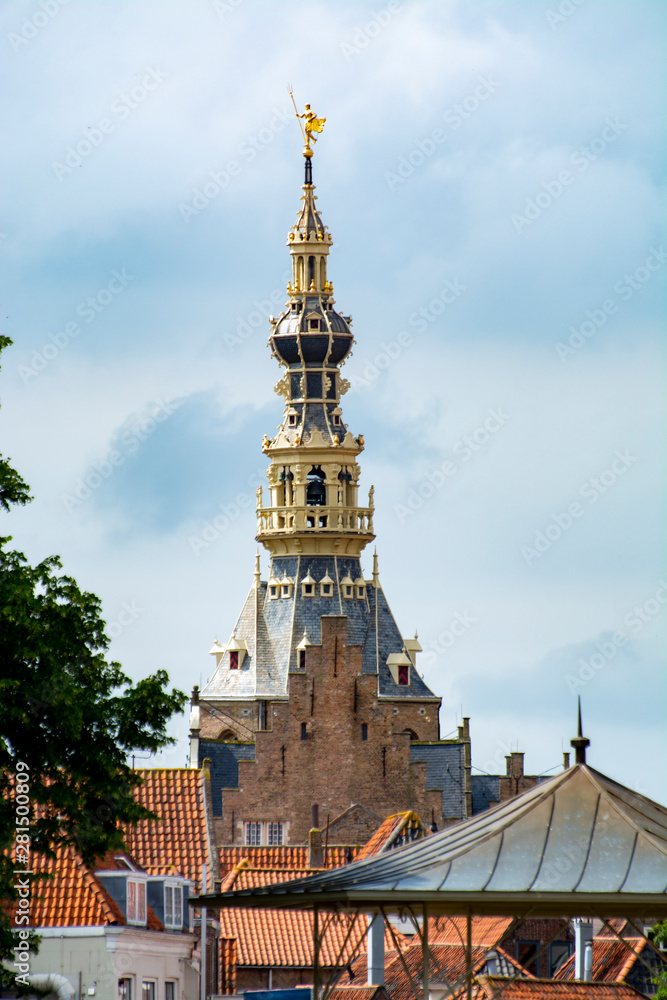 Obraz premium View on old Dutch houses and tower in Zierikzee, historical town in Zeeland, Netherlands