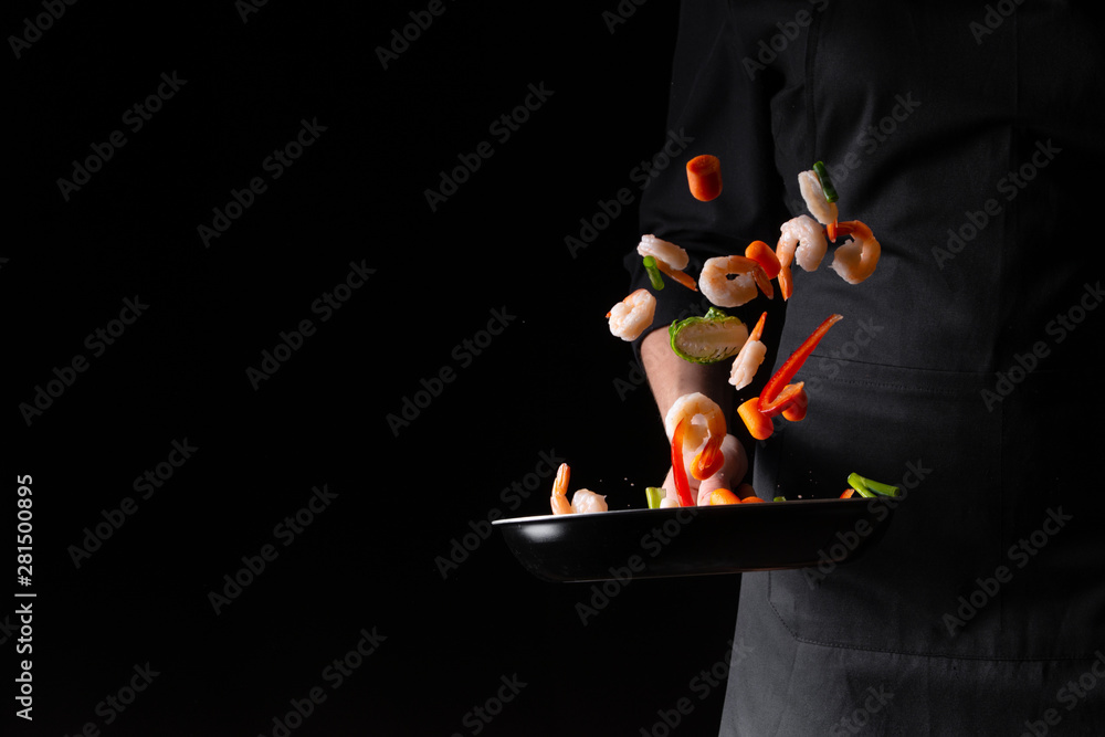 Chef prepares shrimps with vegetables, seafood, healthy food, Asian food. Hotel business and menu in restaurants, recipe book. On black background, banner - obrazy, fototapety, plakaty 