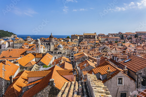 Orange-tiled roofs of the magnificent Old Town of Dubrovnik from the City Walls. Dubrovnik, Mediterranean, Croatia.