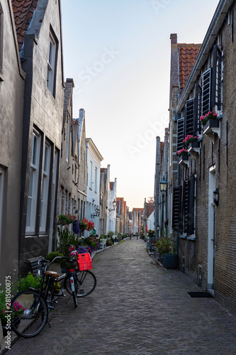 Street view in small Dutch town Goedereede on sunset, Zeeland, Netherlands