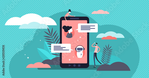 Chatbot vector illustration. Flat tiny virtual conversation persons concept