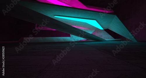 Abstract architectural concrete interior of a minimalist house with color gradient neon lighting. 3D illustration and rendering.