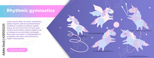 Horizontal Web banner design template for rhythmic gymnastics school. Modern vector illustration concept. Cute unicorns doing rhythmic gymnastics with ribbon, ball, hoop, skipping rope
