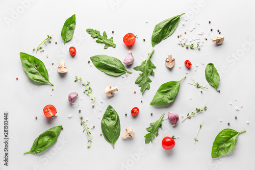 Fototapeta Naklejka Na Ścianę i Meble -  Fresh herbs with vegetables, mushrooms and spices on white background