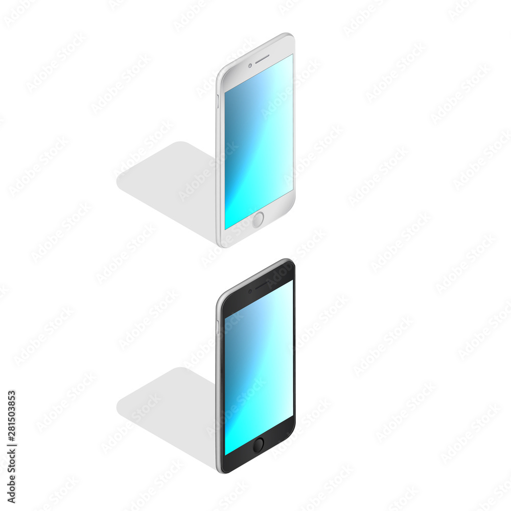 Smartphone. Empty touchscreen mobile phone blue glows. 3d isometric design. Template of cellphone with a blank display. Digital gadget mockup is in side perspective view. Realistic vector illustration Smartphone. Empty touchscreen mobile phone blue glows. 3d isometric design. Template of cellphone with a blank display. Digital gadget mockup is in side perspective view. Realistic vector illustration