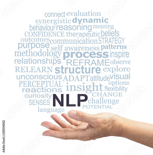 Neuro Linguistic Programming Practitioner offering NLP word tag cloud - female open hand with an NLP word cloud floating above on a white background 