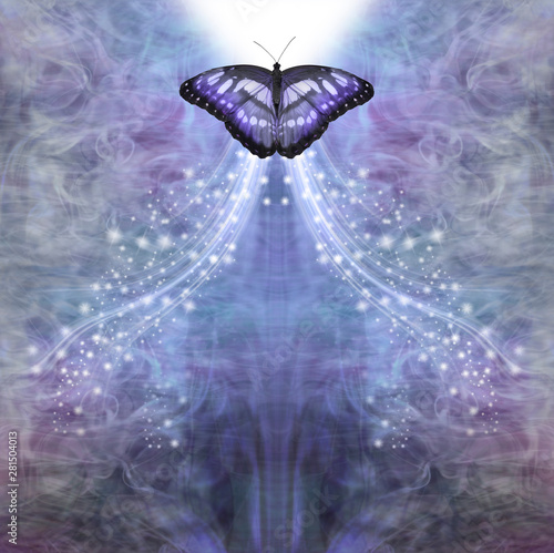 Blue Butterfly Passing into the Light - metaphor for death, a blue butterfly approaching bright white light on a lacy ethereal sparkling blue background with space for copy photo