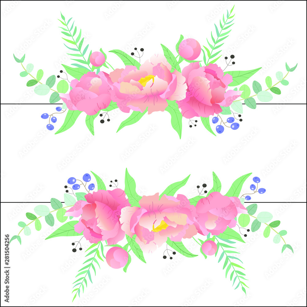 Vector illustration. Beautiful, bright, sweet frame with peonies, berries, eucalyptus, leaves. White background.