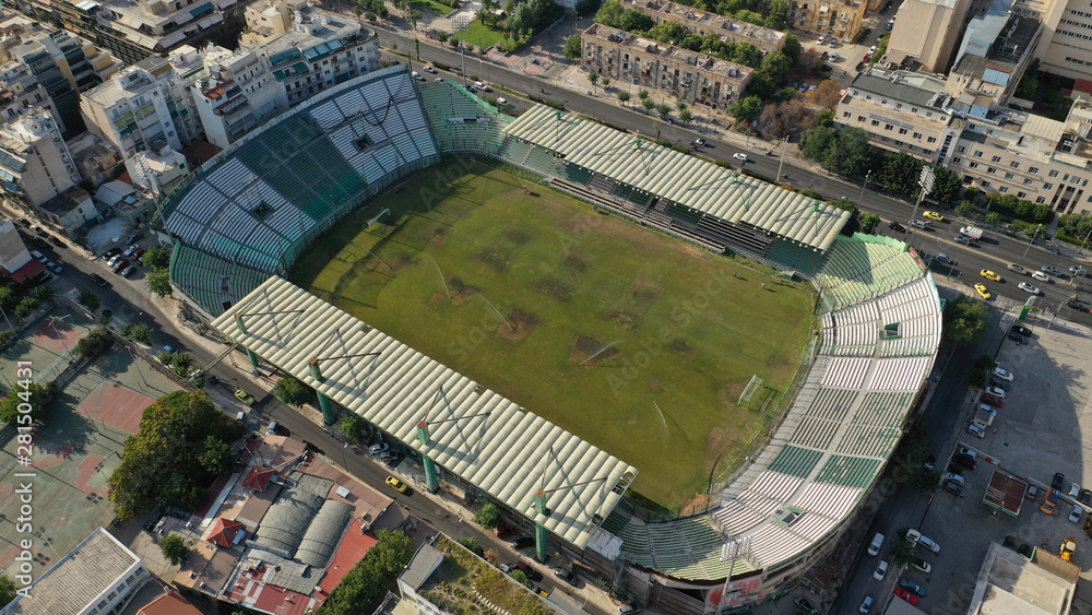 Fototapeta premium Aerial drone bird's eye view photo of famous Panathinaikos or Apostolos Nikolaidis stadium in Alexandras Avenue, Athens, Attica, Greece