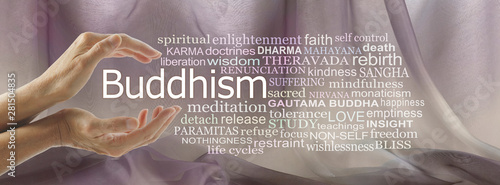 Aspects of Buddhism Word Tag Cloud - female cupped hands with the word Buddhism floating between surrounded by a relevant  word cloud against mink coloured chiffon background photo