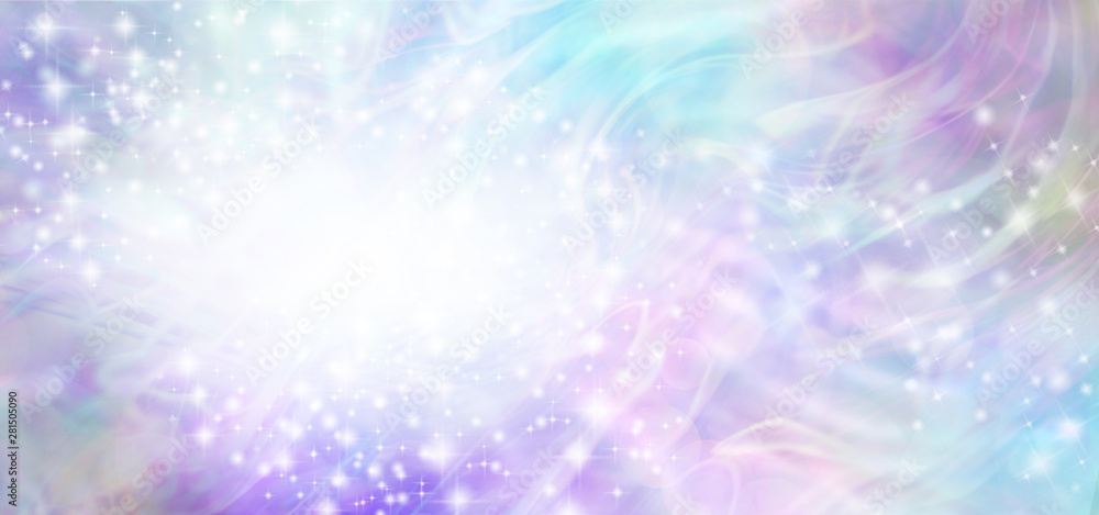 Beautiful blue pink ethereal special announcement background banner - multicoloured  banner with a soft blur white oval on left for copy and trails of sparkles and glitter rotating around
