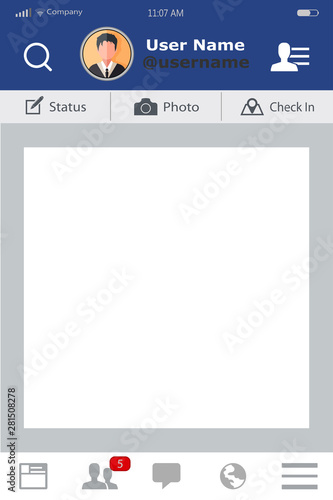 Template account. Photo frame post in a social network. Browser interface. Te...