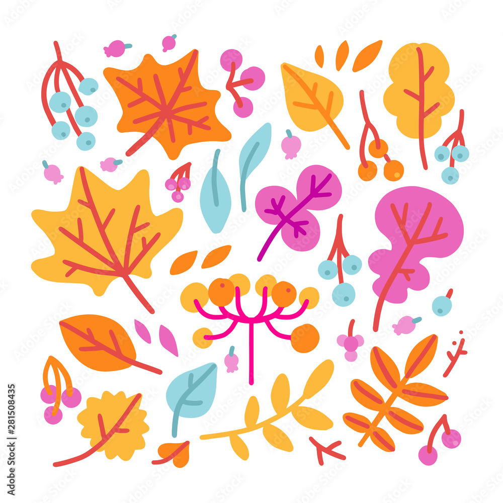 Set of bright colorful autumn leaves and berries. Isolated on white background. Simple cartoon hand drawn flat style vector illustration for kids