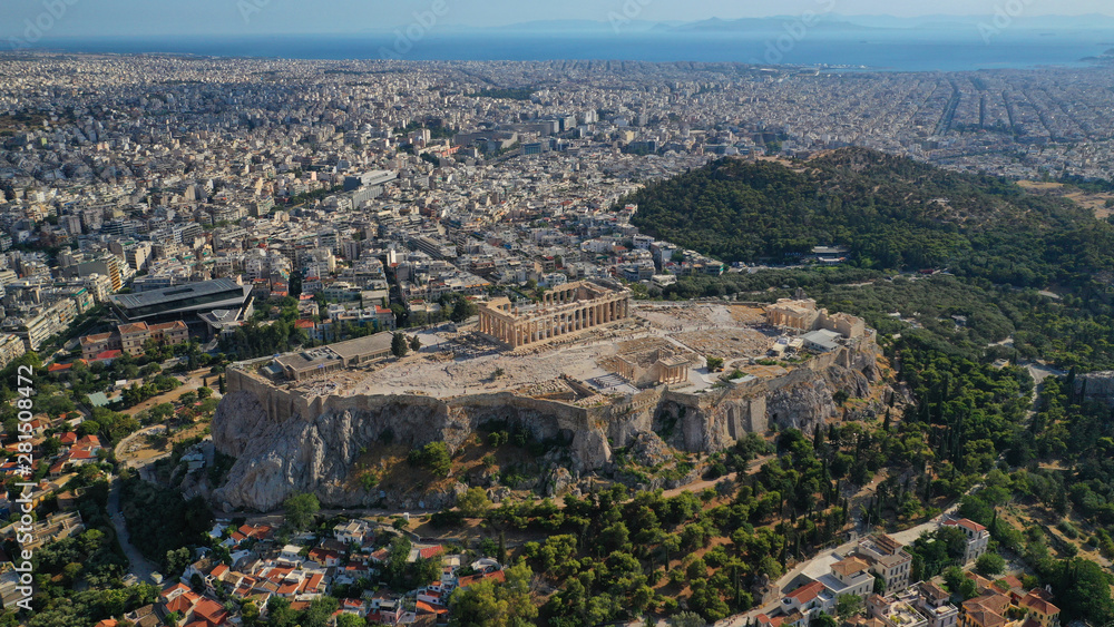 Aerial drone photo of iconic Plaka and Monastiraki districts and iconic Acropolis hill with masterpiece of Western Ancient world the Parthenon, Athens historic centre, Attica, Greece