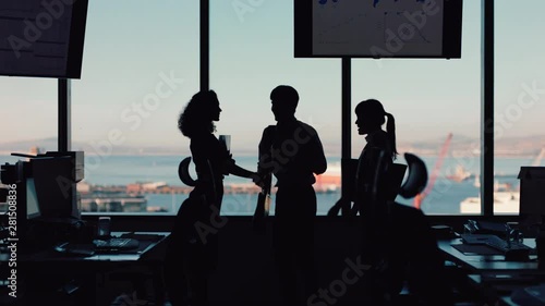 silhouette business people shaking hands consultant greeting international clients with handshake planning partnership deal female executive meeting shareholders in corporate office at sunset photo